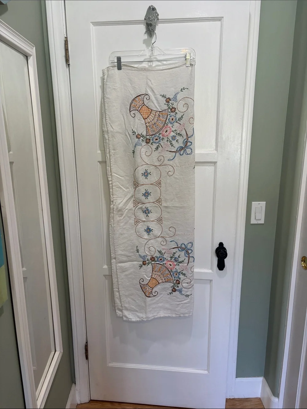 Vintage Floral embroidered linen tablecloth
